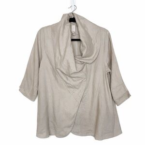 Firmiana 100% Linen Draped Jacket Waterfall Collar Tunic Top Beige Size S